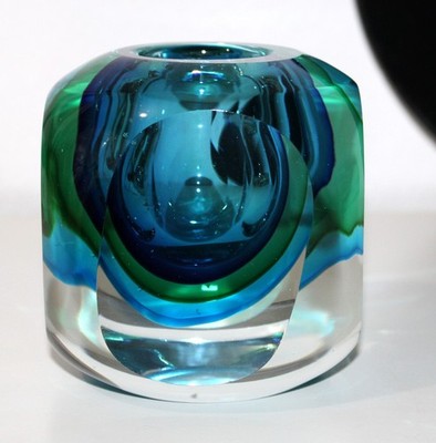 Flavio Poli Murano Glass Vase Geode Square Shape Blue Green in Clear Cut Sides