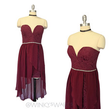 Vintage Y2K Strapless Hi Low Mini Dress Size XL 15 Burgundy Lace Prom HoCo