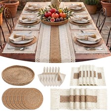 Boho Farmhouse Table Runner Set with Wide Burlap Stripe, Round Woven Placemat...