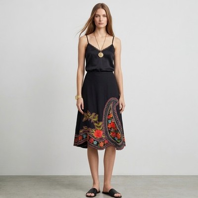 Vintage Y2K Basil & Maude Skirt 10 Black Pink Floral Embroidered Beaded A-Line