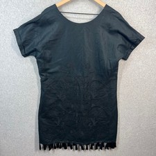 Madewell Black Embroidered Linen Blend Tassel Hem V-Back Shift Dress F1410 L