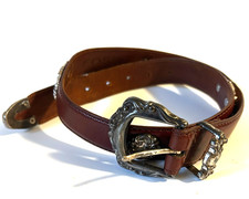 VTG Fossil Women  s Leather Silver Scrollwork Concho Cognac Brown Belt Size M 35"