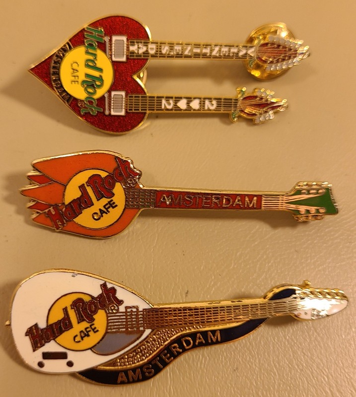 LOT OF 3 VINTAGE HARD ROCK CAFE GUITAR LAPEL PINS AMSTERDAM 2002 VALENTINES DAY