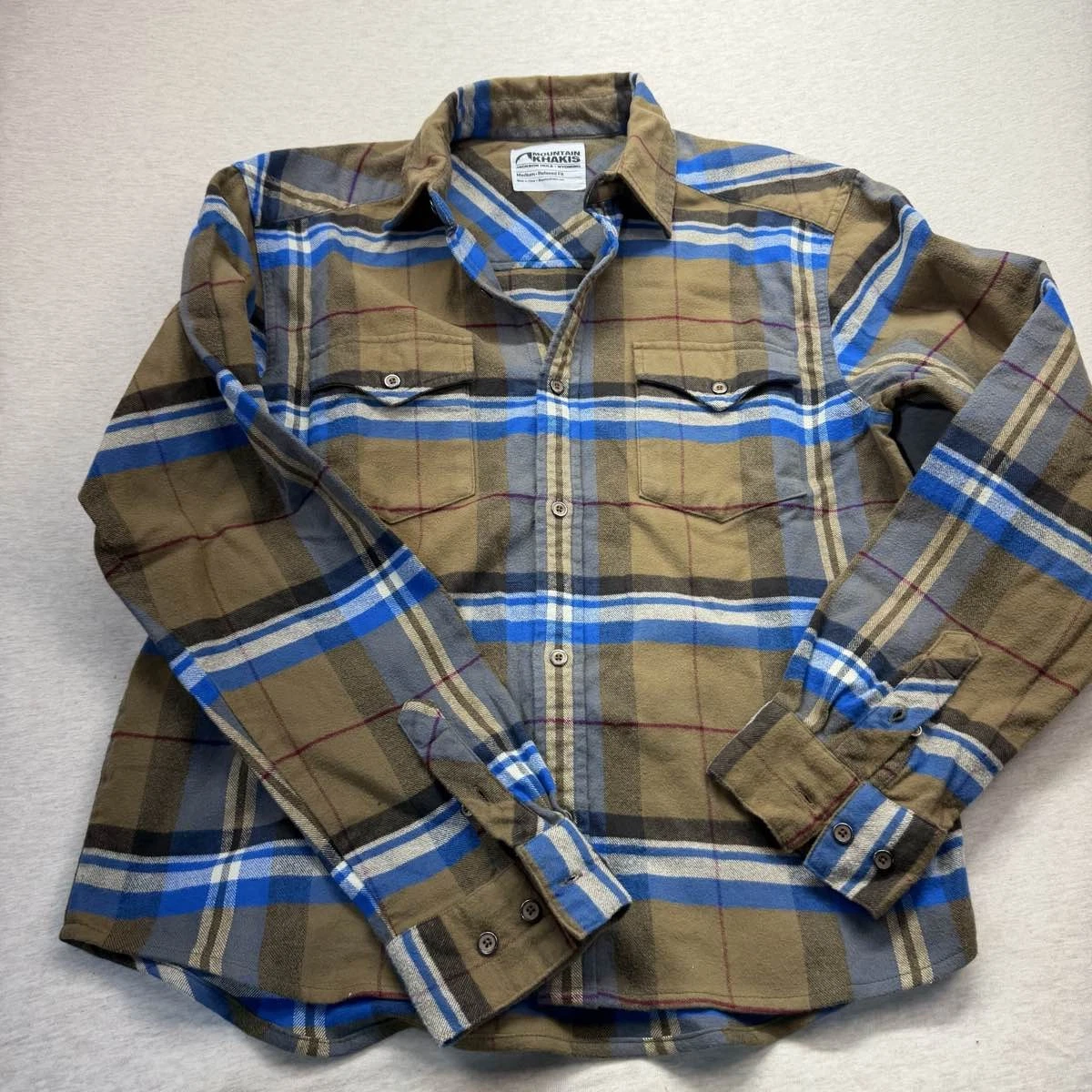 Mountain Khakis Men's M Relaxed Fit Flannel Shirt Blue Tan Plaid