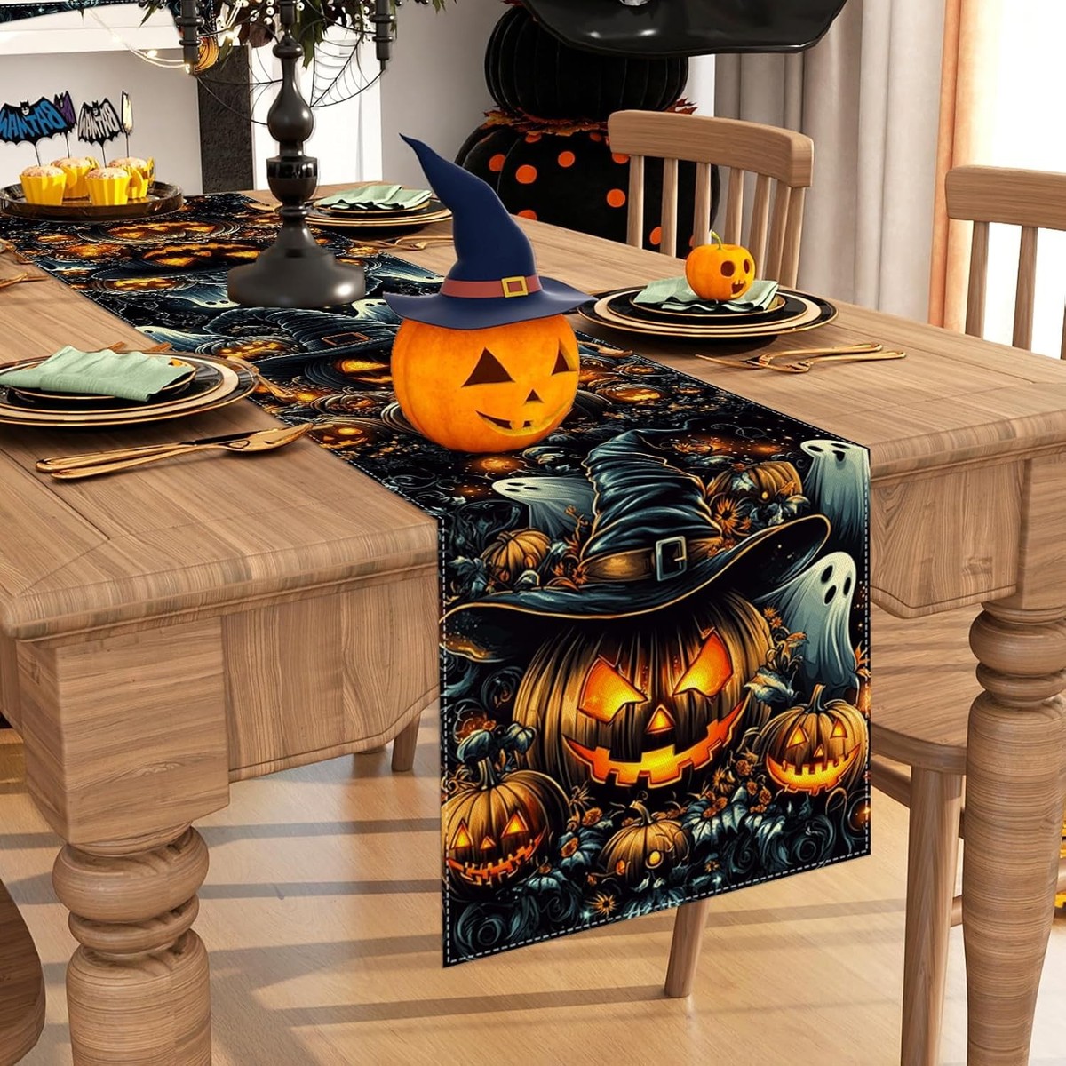 Ghost Theme Halloween Table Runner - 13x72" Burlap Farmhouse Table Decor For Kitchen & Dining