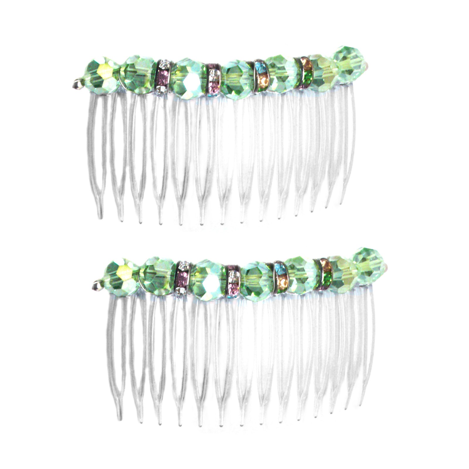 Set of 2 Hair Combs Faceted Spring Green Glass and Oxidized 