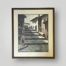 Watercolor Painting European Village Street Scene Architecture Framed Signed