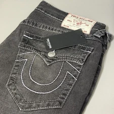 True Religion Jeans Rocco Big T Flap Skinny Mens 34x32 Grey Smoky Mist Wash 