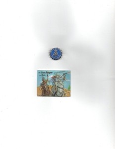 Lone Ranger Safety Scout Pin 1950's 1" & 2 1/2 x 2 "moving picture w Tonto 1976