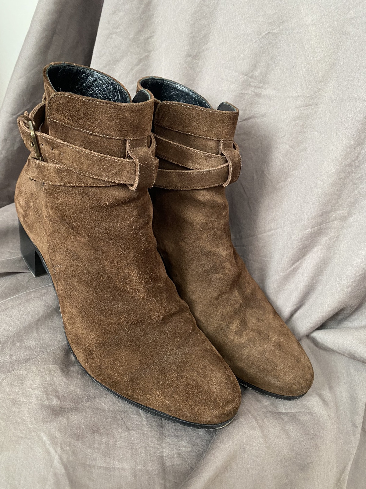 Scarpe alla caviglia Saint Laurent Blake donna scamosciate fibbia marrone lusso taglia EU 38