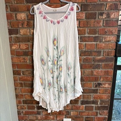 Seven Islands womens embroidered peacock feathers sleeveless boho dress white 2X