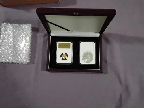 2022 1/10 oz American Gold Eagle Coin BU + Uncirculated Silver Eagle + Wood Case