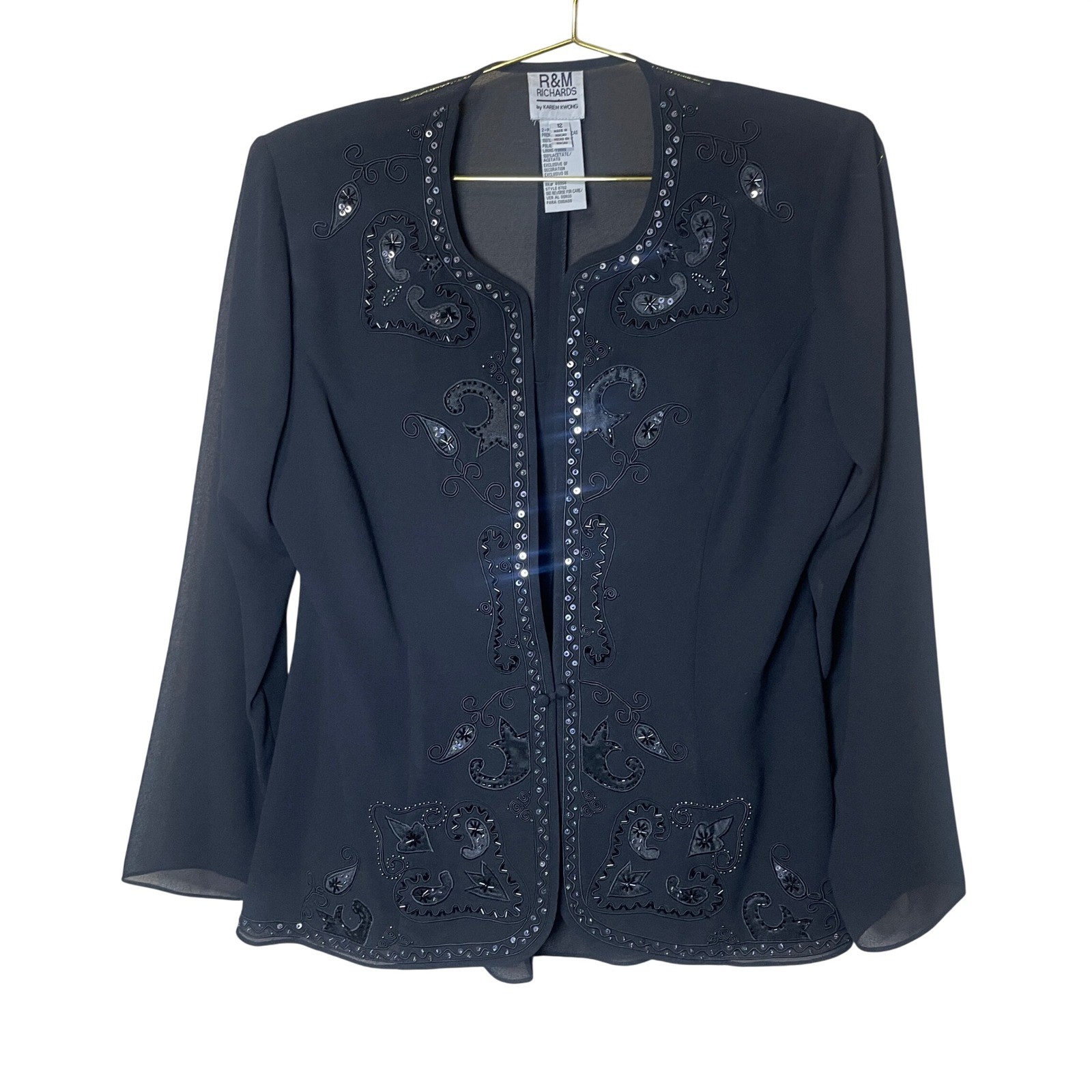 R&M Richards Black Sequin Embroidered Sheer Chiffon Evening Jacket Size 12