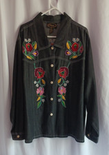 Floral Embroidered Black Jean Jacket Womens Size PL