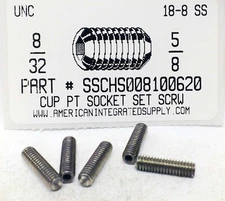 #8-32x5/8 Hex Socket Set Screws Cup Point Stainless Steel (50)