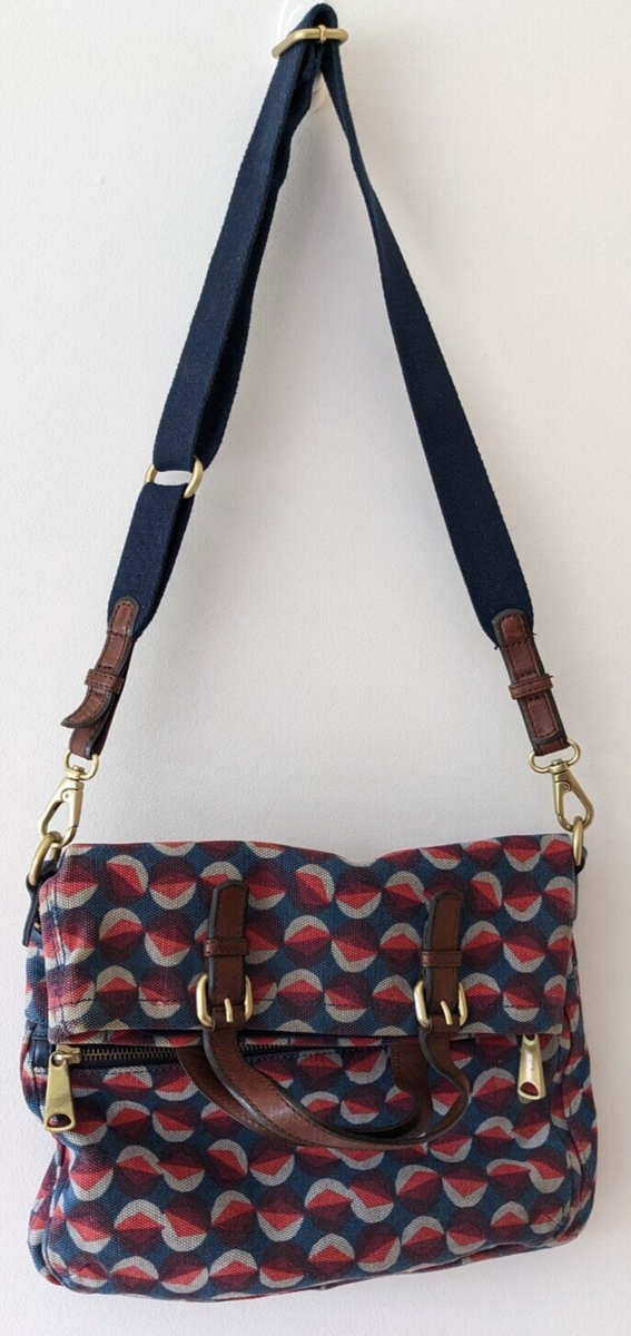 Fossil Explorer Foldover Flap Tote Shoulder Bag Red White Blue