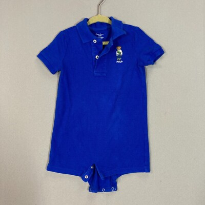 Ralph Lauren Polo Bear Baby Boy Romper Shortall Big Logo Embroidered 12 MO  Blue