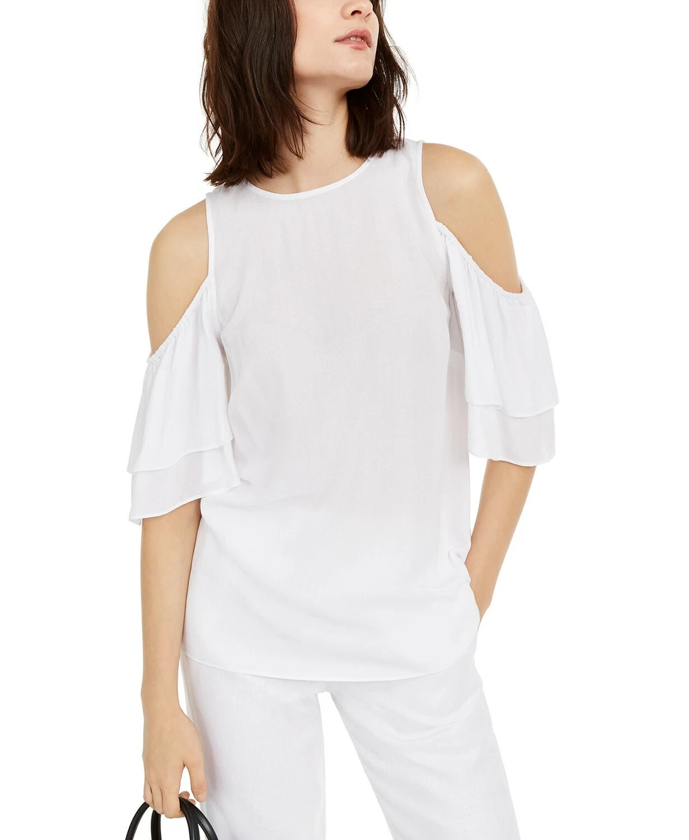 A153 Michael Michael Kors White Flounce Sleeve Cold Shoulder Top S