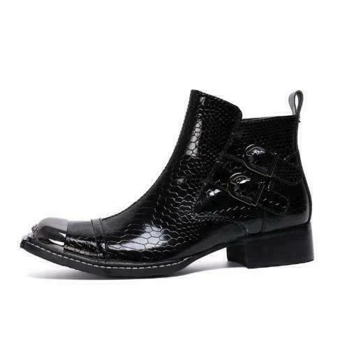 Mens Leather Chelsea Boots Metal Snakeskin Pattern Cocktail Chukka Buckle Shoes - Image 3 of 4