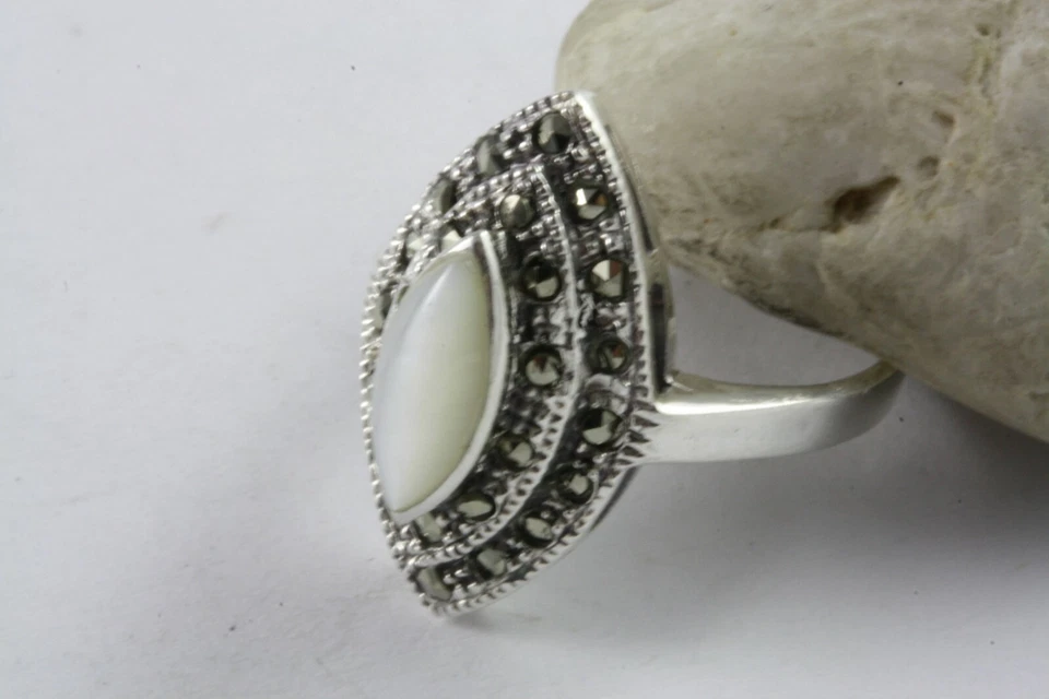 Pietra di Luna Marcasite Donna Anello IN Argento 925 Vero Argento / 404 - Immagine 2 di 4