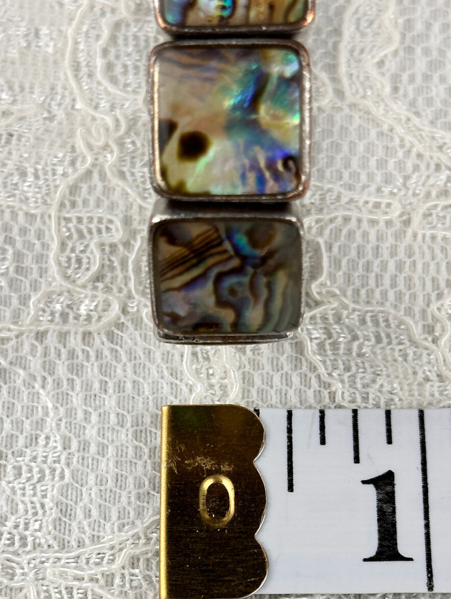 Bracelet Square Abalone Shell Stretch Silver Tone… - image 10