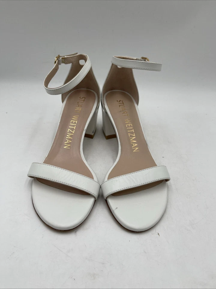 Stuart Weirzman White Leather Open Toe Ankle Strap Block Heel Sandals Women’s 5 - Image 2 of 4