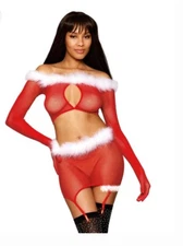 💋DREAMGIRL💋Seamless Fishnet and Feather Trim Santa Two-piece Garter Set O/S