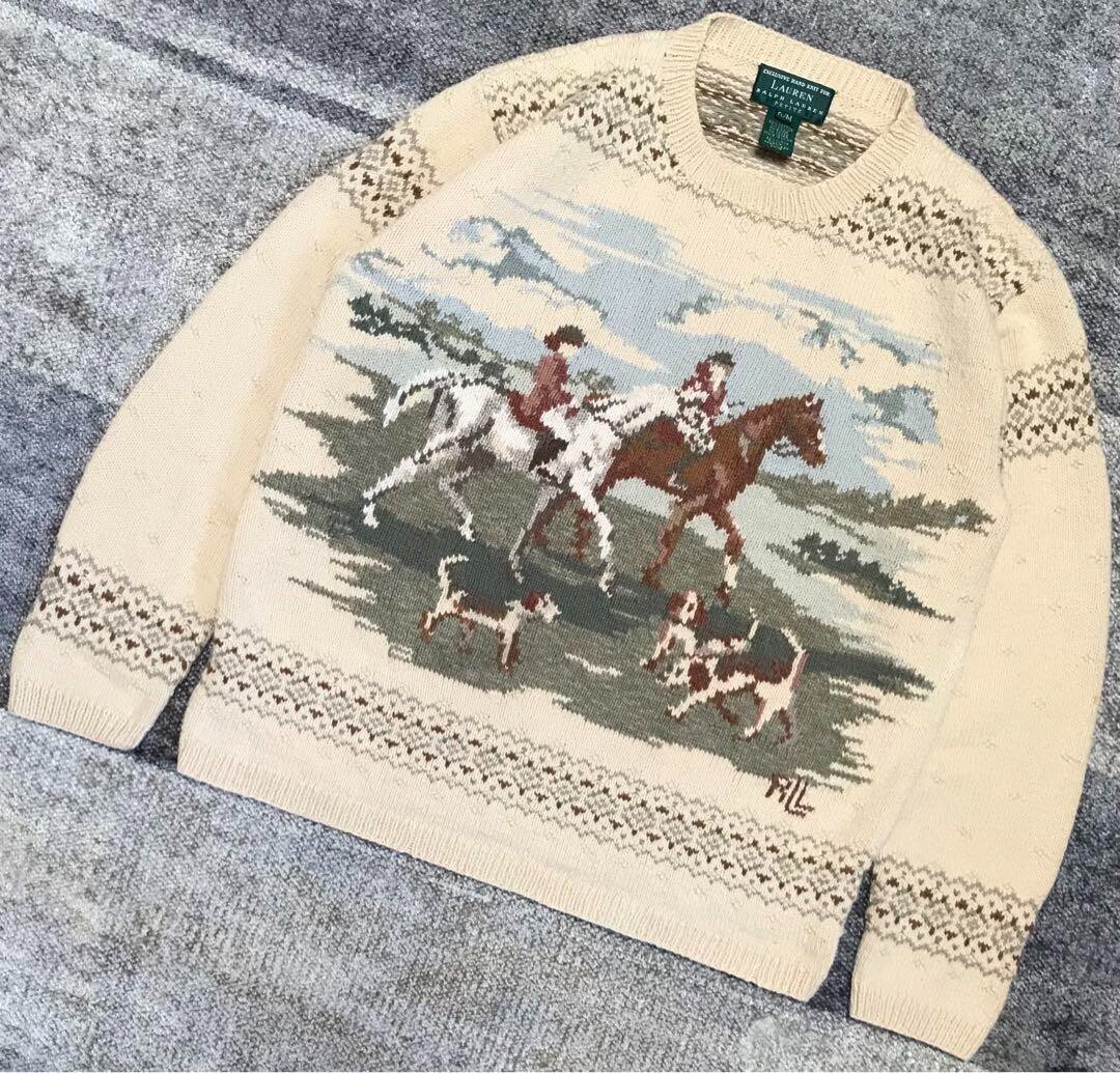 Used Ralph Lauren Equestrian Dog Sweater, Size M, Rare Scenic Knit