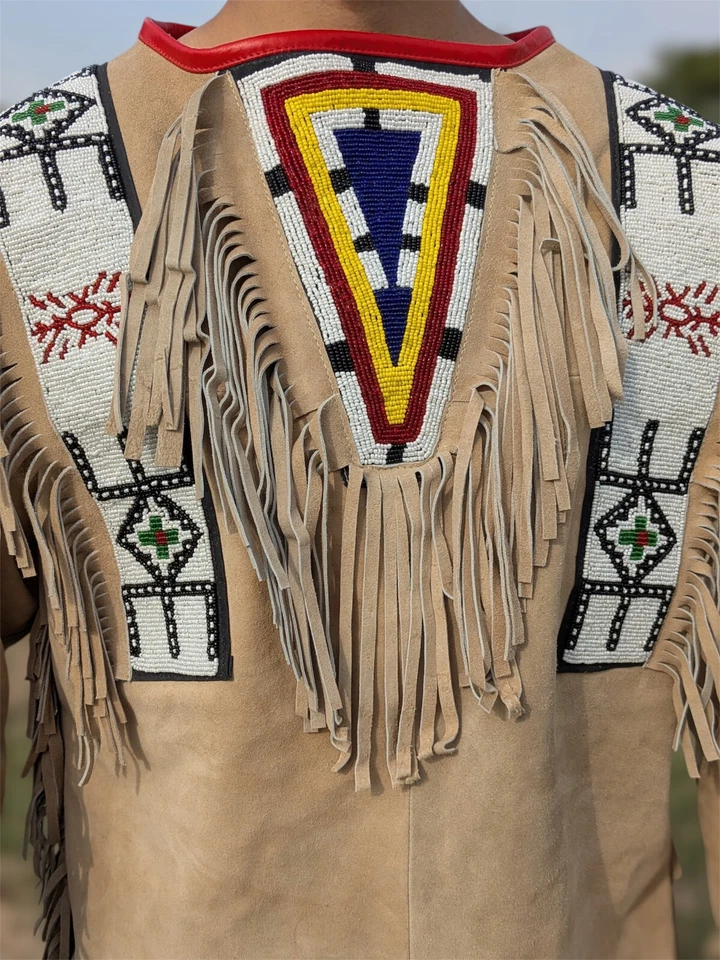 Western Men's Beige Suede Fringe War Shirt with Native‑Style Beaded Detailing - Image 4 of 4