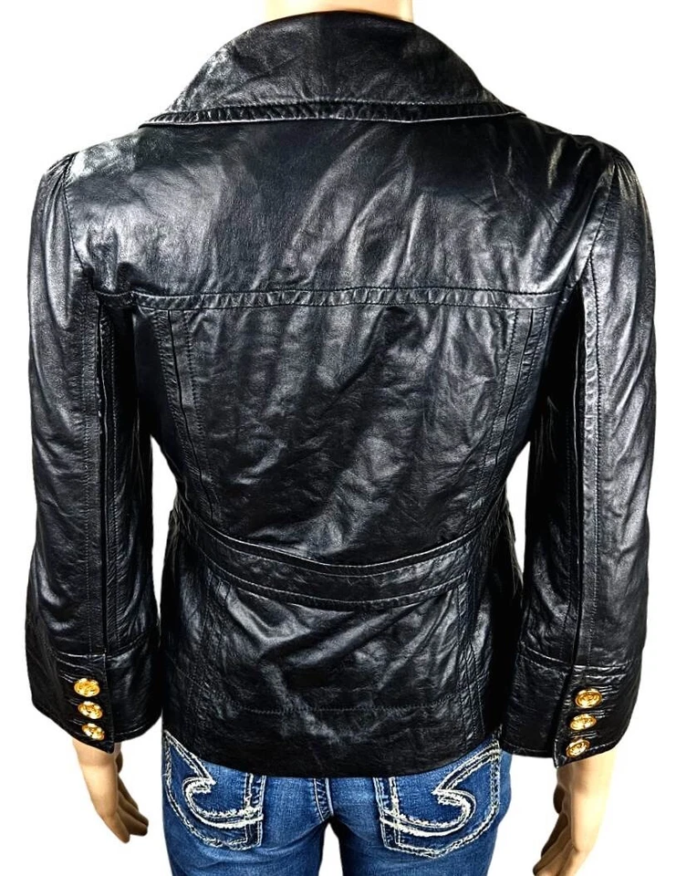 Chaqueta de cuero Juicy Couture negra suave para mujer botones pequeños cuello cinturón Foto 2 de 4