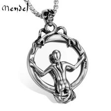 MENDEL Goth Mens Horror Punk Biker Skull Mirror Pendant Necklace Stainless Steel