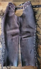 Leather Suede Western Chaps Fringe Buckstitched Show Full Leg Zip Dark Brown