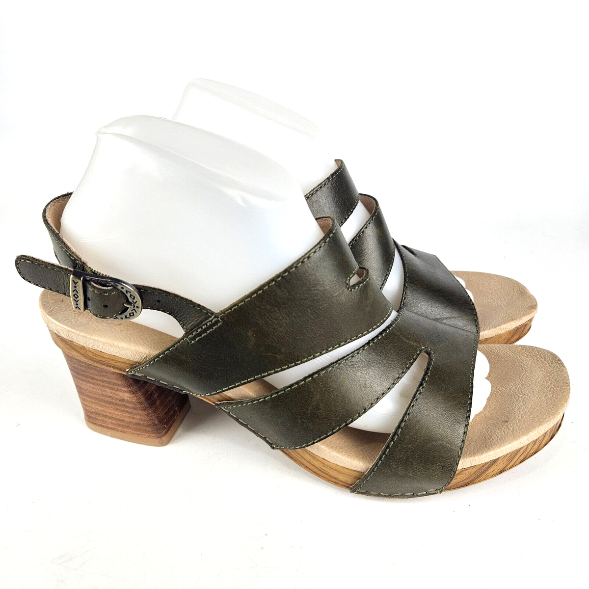 Dansko Ashlee Sandal Olive Burnished Calf Leather Block Heel Size