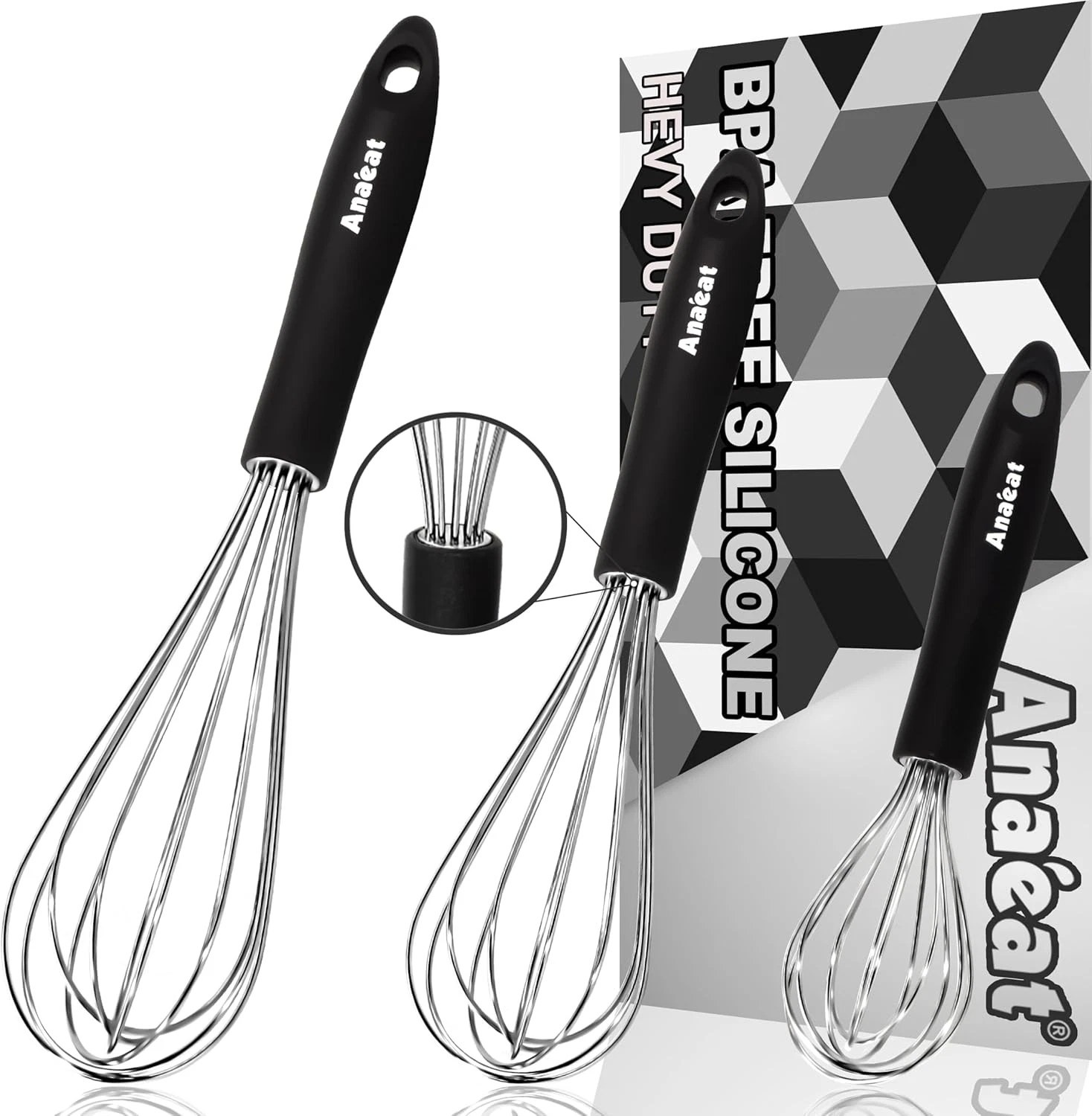 3 Packs Stainless Steel Whisk Set - Balloon Whisk, Thick Stainless Steel Wire ＆