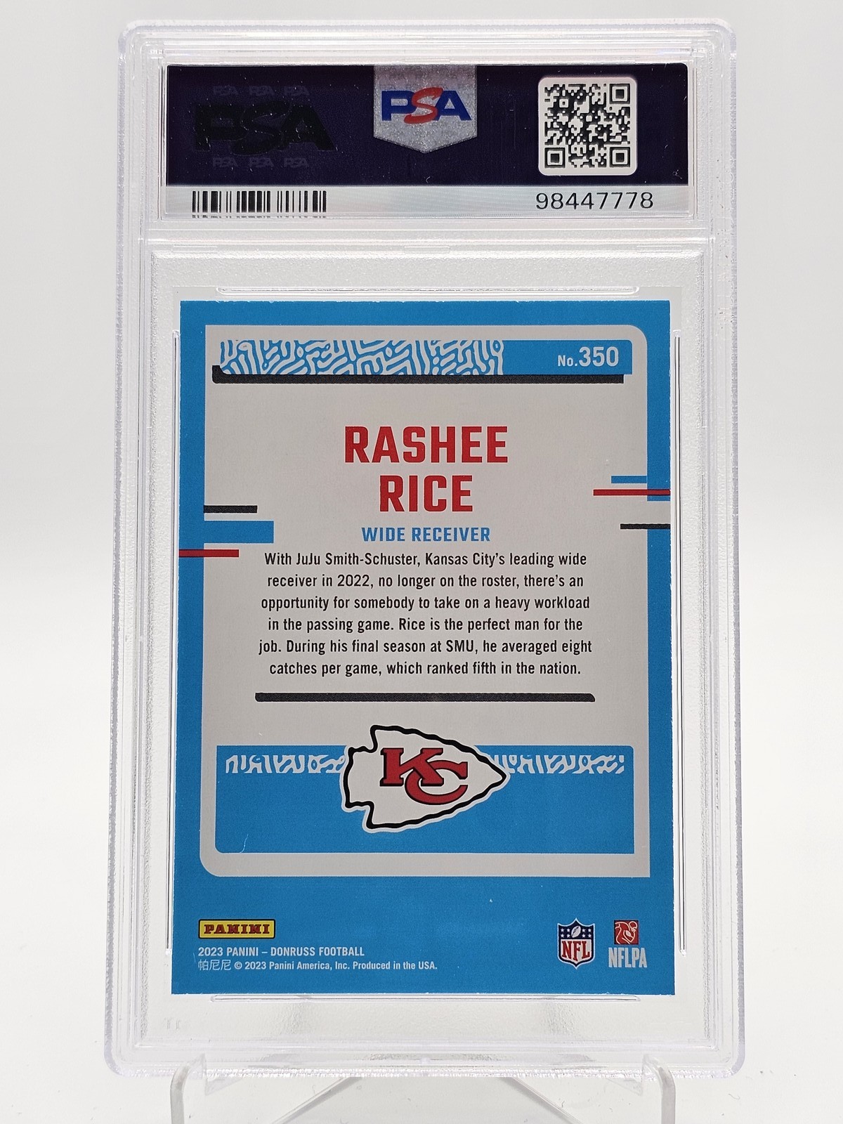 RASHEE RICE 2023 DONRUSS RATED ROOKIE RC #350 CHIEFS PSA 10 Q4320-F view 2