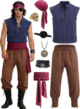Men's Pirate Costume 8 Piece Renaissance Sleeveless Shirt Pants Sash Belt