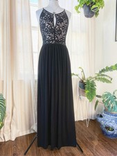 Candalite Black Lace Halter Maxi Dress XL Nude Illusion Keyhole Prom Evening