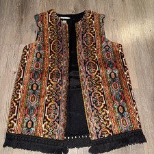 Vintage Colorful Tapestry Vest Boho Needlepoint Bohemian 70 s Style Fringe Trim