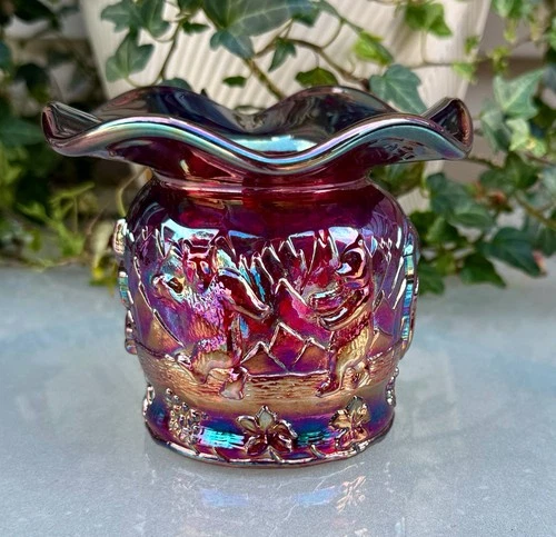 Ltd. to 550  Fenton*RUBY MARIGOLD CARNIVAL "FROLICKING BEARS" SPITTOON VASE*1982