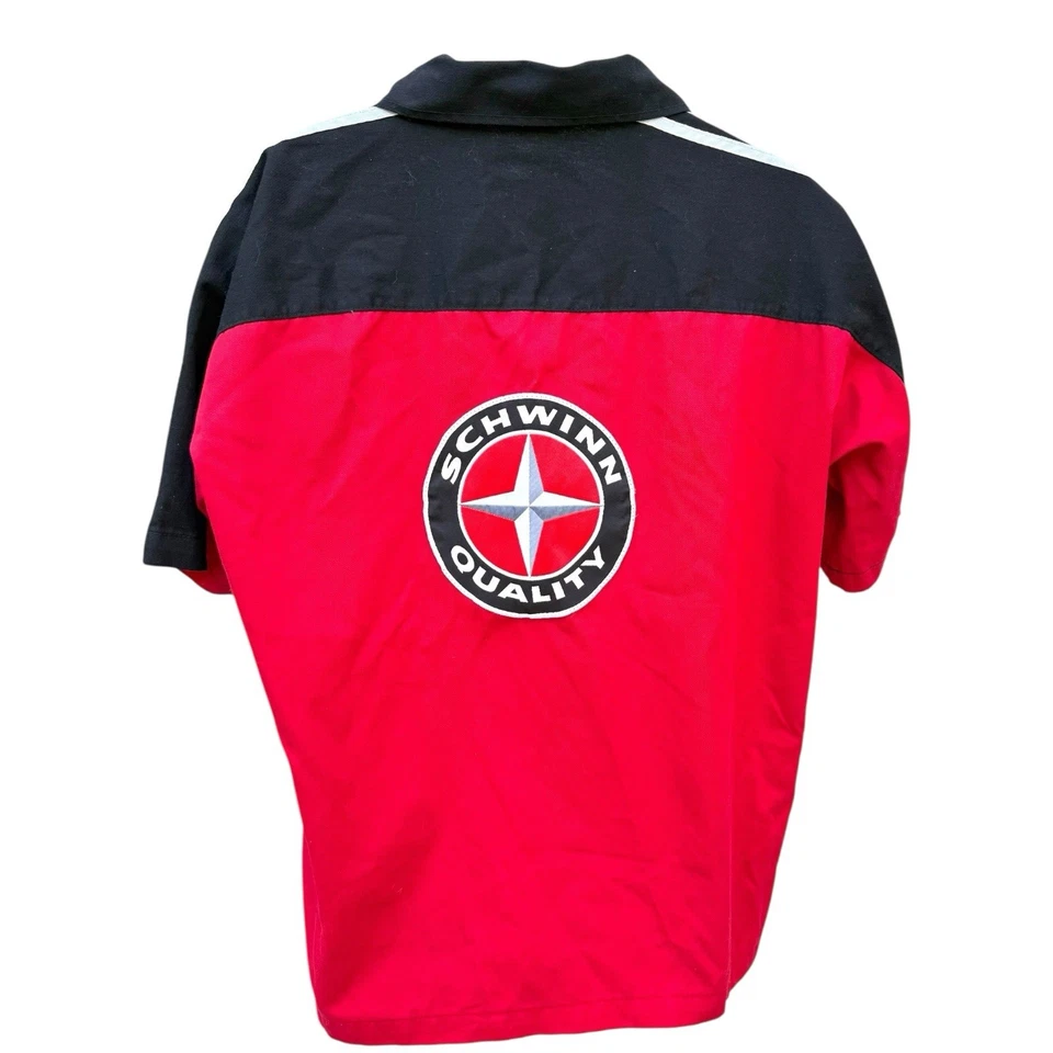 VTG 90s Schwinn Mechanic Red Racing Stripe Zip Short Sleeve Work Shirt Chrome - Image 2 of 4