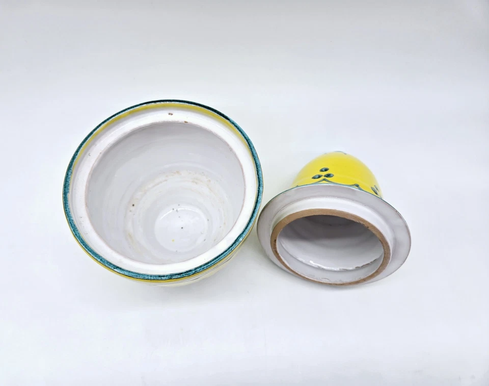 Italian Pottery 9" Lidded Canister Jar Hand Painted Bright Yellow & Teal - Image 4 of 4