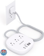 Flat Plug Power Strip, Short Extension Cord 1 Ft - 3 Outlets 4 USB Ports 2 U