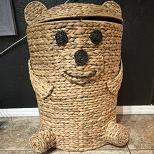 Wicker Bear Face Kids Laundry Hamper Basket w/ Lid  Handles, Brown Round