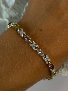 Authentic 925 Sterling Silver Gold Plated Multi Color Gemstones Bracelet Length 7.5