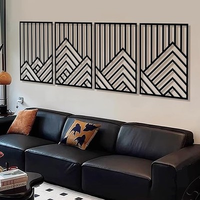 4 Stück große abstrakte schwarze Metall Wanddeko Mountain Line Art, minimalistisch 3D