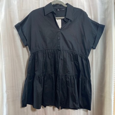 NWT ZARA Black Tiered Button Front Shirt Dress Casual Mini Tunic S Modern Basic