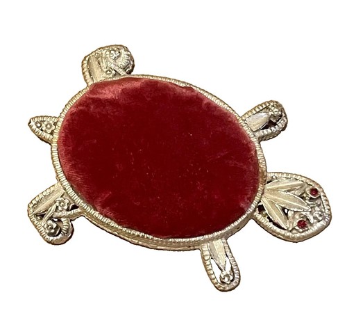 Vintage Silver Filigree Turtle Red Velvet Pin Cushion Sewing Accessories Decor