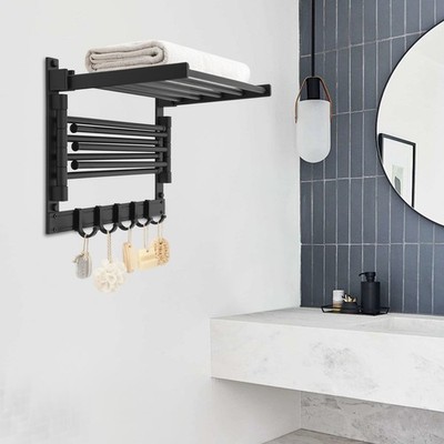 Black Heated Towel Rack Bathroom Towel Warmer Wall Mount Electric Towel Bar Set