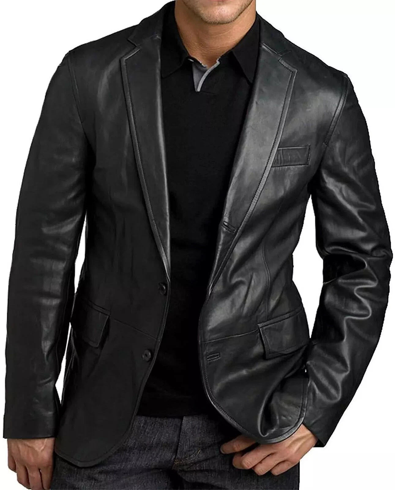 New Elegant Men's Lambskin Real Leather Blazer Two Button Coat Black Soft Jacket