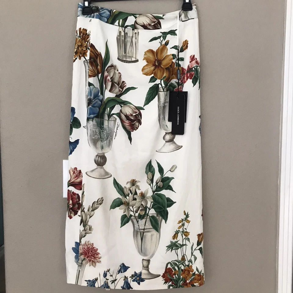 NUEVO CON ETIQUETAS AUTO Dolce Gabbana Floral Florero Estampado Mezcla Seda Falda Midi Talla IT 42/US 6 Foto 4 de 4